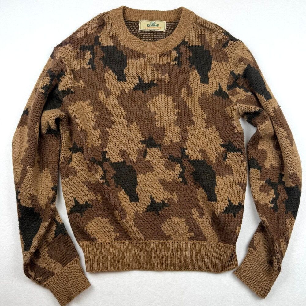 Vintage 80s RedHead Camo Knit Hunting Sweater Mens Medium Brown Camouflage